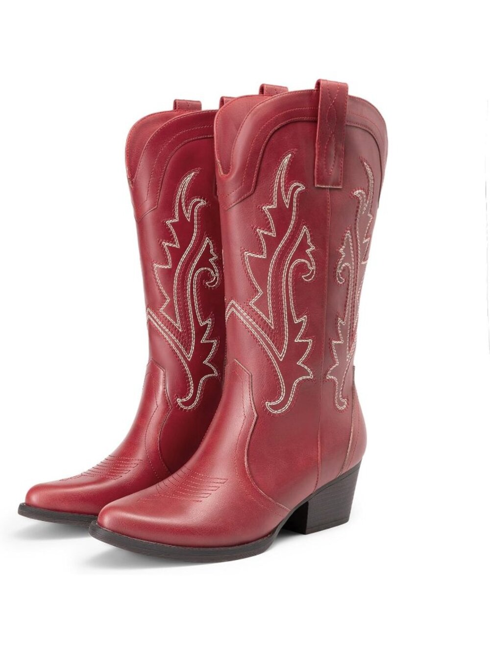 Women's Mid Calf Cowgirl Point Toe Chunky Heel Red Embroidery Western Boots - Picture 4 of 6